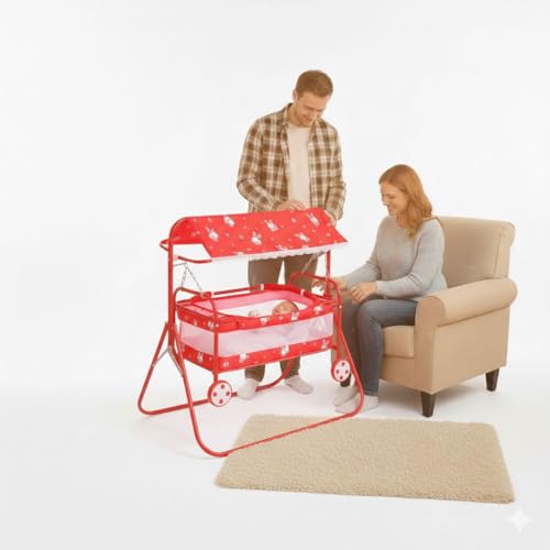Image of Nirjala Foldable Baby Cradle Swing with Mosquito Net & Canopy | Steel Jhula /Palna with Wheels & Toy Bar | Portable Newborn Infant Sleeping Bed for 0-24 Months