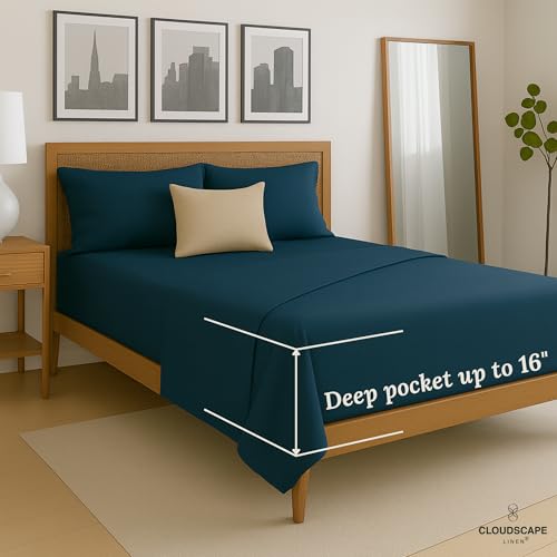 Cloud Scape Linen 100% Egyptian Cotton 4 Pcs California King Sheet Set, 1000 Thread Count,Hotel Quality, Silky Soft, Breathable, Durable, Deep Pockets up to 17, Estate Blue