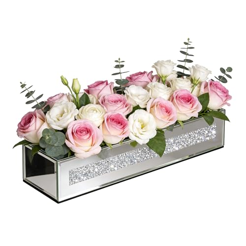 blingworld Flower Vase Rectangular Crushed Diamond Mirrored Vases for Centerpiece,