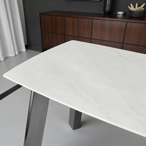 Image of The Attic Luxury Person Dining Table | White Faux Marble Top & High Gloss Dark Chrome Metal Base | Contemporary Rectangular Kitchen & 6 Seater Dining Table