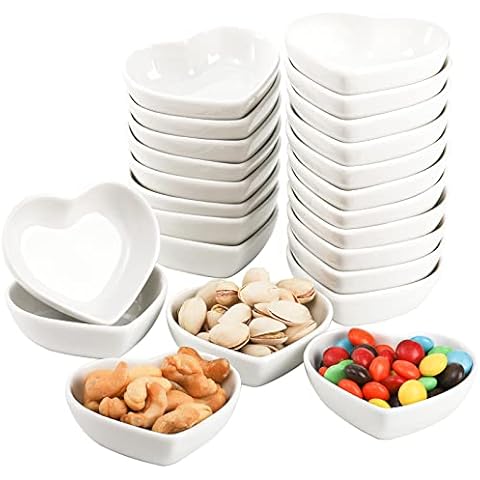 WUWEOT 24 Pack Porcelain Sauce Dish, White Heart-shaped Dip Bowls, 1.5Oz Ceramic Ring Dishes Candle Tray, Seasoning Dishes Appetizer Plates Cover