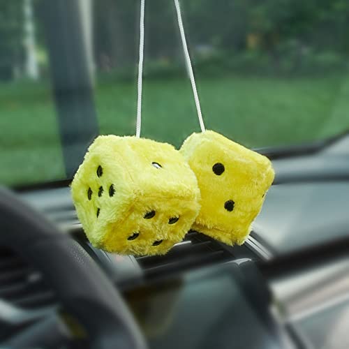 Image of 2.95'' Retro Fuzzy Plush Dice Car Charm Square Plush Dice Car Rear View Mirror Hanging Ornament Vehicle Mirror Hanging Accessories, Yellow