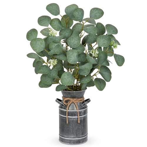 Hollyone Artificial Eucalyptus Plant with Metal Vase, 19 Fake Plants Rustic Farmhouse Home Decor, Lifelike Greenery for Living Room, Kitchen, Office, Wedding Centerpieces