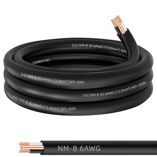 NM-B 6/2 Wire with Ground 15FT 6 AWG Copper Wire 6 Gauge 2 Conductor Electrical 6/2 NM-B with Ground Non-Metallic Sheathed Cable Stranded Indoor Residential Wiring for Branch Circuit Switch&Outlet