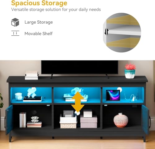 DWVO Black TV Stand for 65 Inch TV, Entertainment Centre, TV Cabinet with Power Outlet & LED Light Strip, Media Console Television Stands, Living Room Furniture 59 Inch