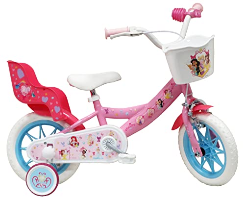 Disney Vélo Enfant 12' Princess équipé de 1 Frein, Panier Avant, Porte poupée arrière, Garde boues, Carter et stabilisateurs