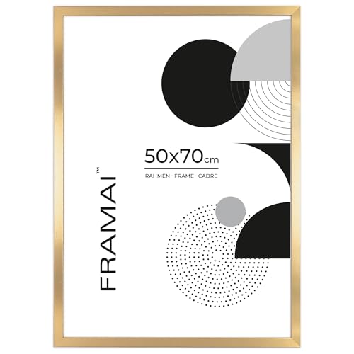 FRAMAI® Bilderrahmen 50x70 cm Gold MDF Umweltfreundlichem Rahmen mit Bruchsicheren Plexi, Aufhänger und Aufsteller – Ansicht 1