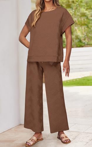 Image of PRETTYGARDEN 2 Piece Outfits For Women Casual Tracksuit Short Sleeve Tops And Wide Leg Long Pants Matching Lounge Sets
