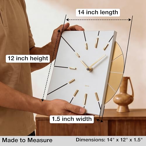 Image of Driini White and Gold Mid Century Modern Wall Clock, Battery Operated | Square MCM face with a minimalist midcentury look. Contemporary decorative analog design for kitchen, office or living room