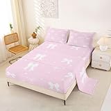 Feelyou Bow Bed Sheets Sets Full Size Kids Boys Girls Cute Princess Bowknot Bedding Set Kawaii Love Heart Pattern Pink Fitted Sheet with 16-Inch Deep Pockets 4Pcs with 2 Pillow Cases