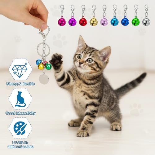 9Pcs Pet Collar Bells+ 2Pcs Keychain, Colorful Metal Jingle Bells with Clasps for Cat & Dog Collars, Loud Crisp Sound, Stainless Steel Charms for Pet Accessories & DIY Keychains (Random Colors)
