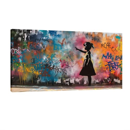 Art mural graffiti Banksy avec cadre intérieur tableau salon giclée coloré 50x102 cm