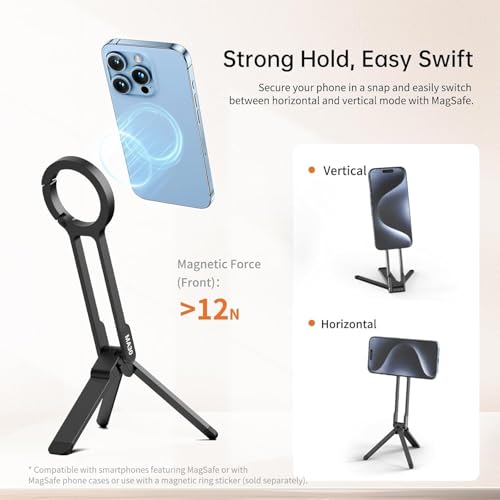Manyetik Telefon Tripod Standı Samsung için - Alüminyum Maglock Akıllı Telefon Mini Tripod Cep Telefonu Standı Çift Taraflı Mıknatıs Hızlı Montaj iPhone 17 16 15 14 13 12 Magsafe ile Uyumlu, Siyah