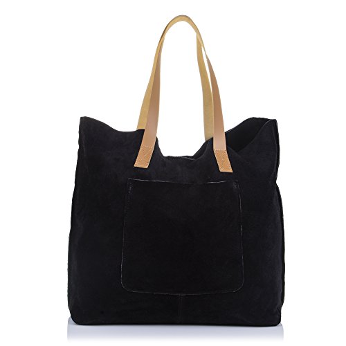 Firenze Artegiani Bolso Shopping Bag de Mujer en Piel auténtica, Acabado Gamuza, Asas en Piel Dollaro, 50 cm, Negro