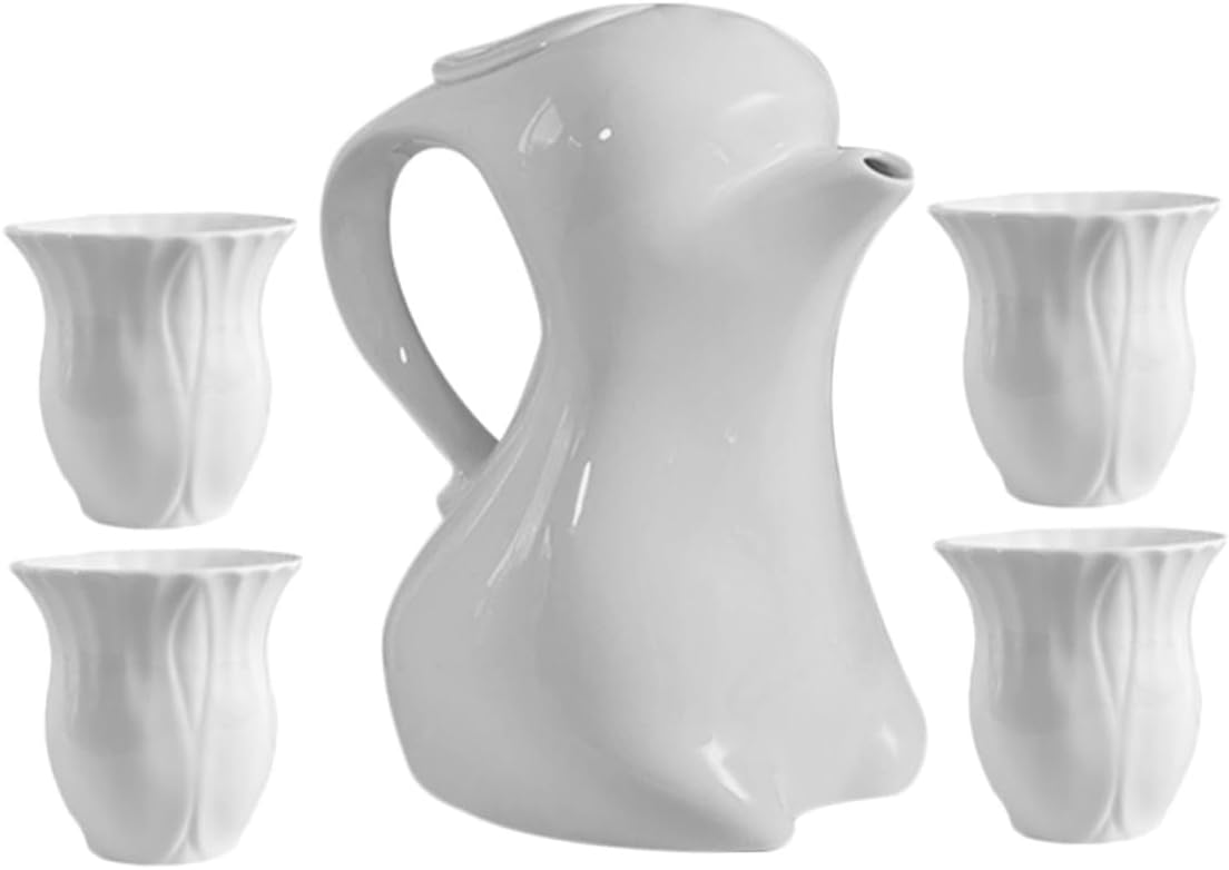 Mikikit Ceramic Easter Bunny Teapot Set 1 Pot 4 Cups Water Kettle Coffee Server Kitchen Water Pitcher for Afternoon Tea and Party