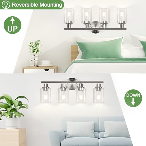 4-Light Bathroom Light Fixtures, Brushed Nickel Modern Vanity Lights Over Mirror with Clear Glass Shade, Bathroom Wall Lamp for Mirror Kitchen Living Room Hallway Cabinet Porch Bedroom Reading room