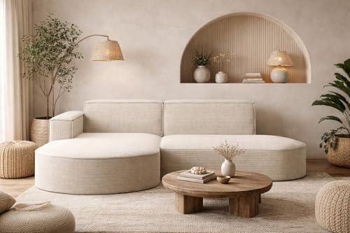 Kaiser Möbel - Ecksofa mit Wohnlandschaft, Eckcouch L-Form, Sofa 3-sitzer, Polstersofa, Bequemes Couch mit Ottomane für Wohnzimmer, Relaxsofa, Stilvolles Cord Sofa, Modena Studio, Beige, Links