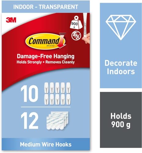 Image of Command Wire toggle Hooks - Medium - Transparent- Indoor Use - Multi pack of 10 Hooks and 12 Adhesive Strips - Suitable for hanging items up to 900 g - They hold strongly and remove cleanly