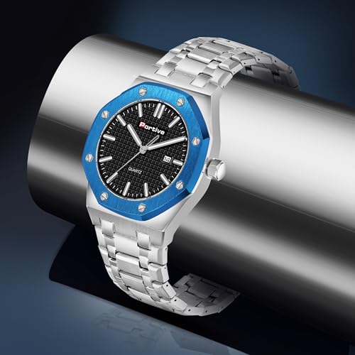 Image of Portive Quartz Watch for Men, Silver Stainless Steel Bracelet, Black Dial, Date Display, Octagonal Case