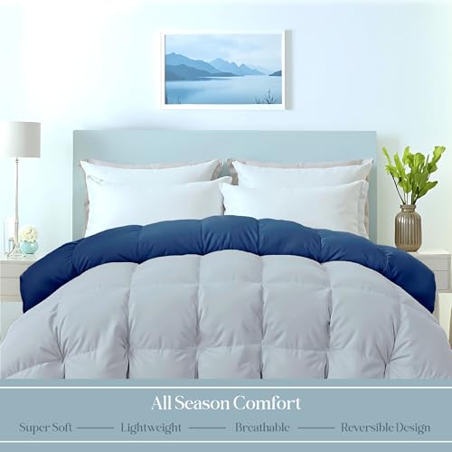 Image of ROYALE LINENS Reversible Comforter - Queen Size Duvet Insert - All Season Soft Quilted Comforters with 8 Corner Tabs - Down Alternative Bedding Comforter - Duvet Insert (Navy /Silver, Queen 88 inchx88 inch)