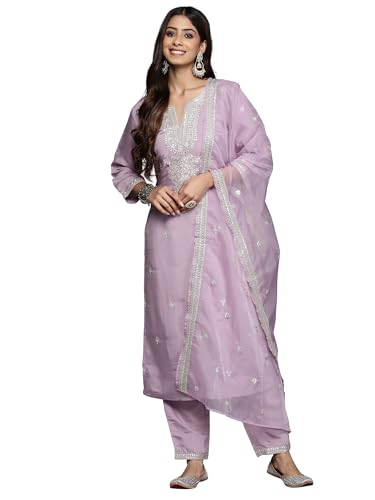 Image of INDO ERA Women's Embroidered Silk Blend Calf Length Straight Kurta & Pant with Dupatta Set | Kurta Sets For Woman