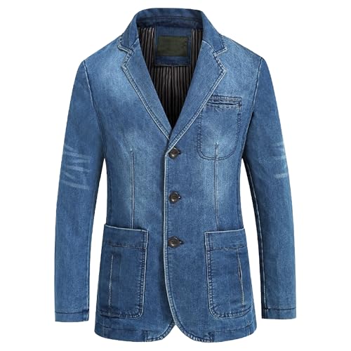 Men's Casual 3 Buttons Denim Blazer Slim Lapel Washed Denim Suit Jacket Business Blazer Sport Coat