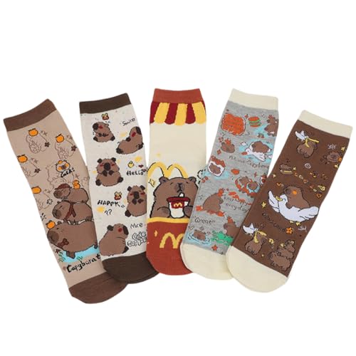 Yotlein 5 Pares Calcetines Mujer Divertidos, Kawaii Calcetines Capybar, Bonito Diseño de Dibujos Animados de Capybara, Calce-tines Deportivos para Mujer, Cute Socks, para Cumpleaños Navidad
