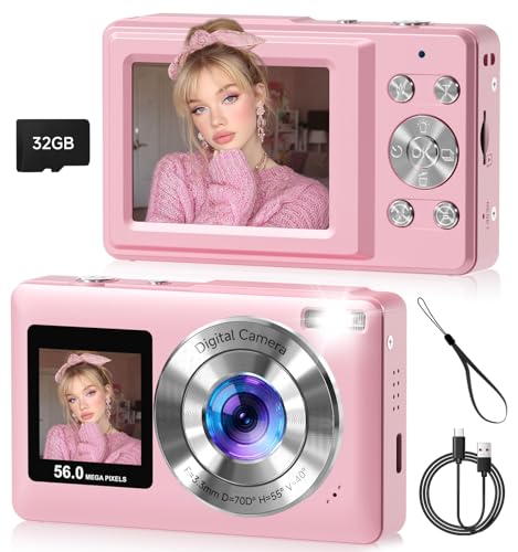 Digital Camera with Dual Screens for Selfie 56MP Autofocus Camera Digital with 32GB Card Anti-Shake Compact Cameras for Beginners Portable Fill Light Travel Camera for Teens Pink