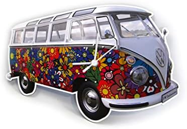 BRISA VW Collection - Volkswagen Samba Bus T1 Camper Van Nostalgic Wall Clock with Retro/Vintage Design (MDF/Flower Power)