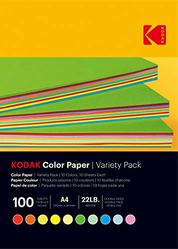 KODAK - Ramette de 100 feuilles papier couleur 80g/m², Format A4 (21x29,7 cm) Rouge, Orange, Jaune, Vert, Bleu et Rose - 9891300