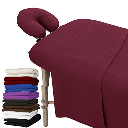 London Linens Extra Thick 3 Piece Set Massage Table Sheets Set - 100% Natural Cotton Flannel - Includes Massage Table Cover, Massage Fitted Sheet, and Massage Face Rest Cover (Burgundy)