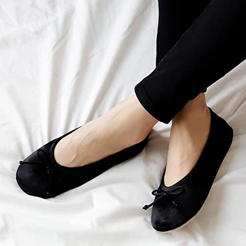 Bctex Coll Women’s Ballerina House Slippers With Bow, Ladies Satin Bedroom Slipper With Suede Sole Indoor (9.5-10.5, Black, Numeric_9_Point_5) #TOP1