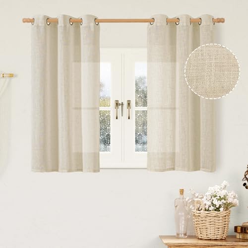 Image of LAMIT 45 Inch Short Window Linen Curtains for Bedroom, Light Filtering Panels Bronze Grommet Neutral Drapes for Cafe /Bathroom /Loft Room, Linen, 2 Panels, 34 x 45 Inch