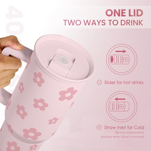 Image of Floral Tumbler with Handle and Straw 40oz Stainless Sleel Slider Tumbler Travel Coffee Mug for Women - Gift Idea for Birthday Christmas