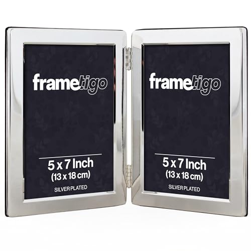 Frametigo - Silver Plated Flat Edge Double Photo Frame, 5x7 (13x18cm) Photo Size - Portrait Orientation - Real Glass Window - Traditional Silver Picture Frames - Tarnish Resistant