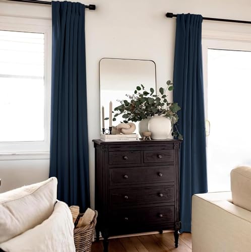 INOVADAY 100% Blackout Curtains 108 Inches Length 2 Panels Set, Back Tab/Rod Pocket Linen Black Out Curtains for Bedroom, Thermal Insulated Window Drapes - Navy Blue, W50 X L108