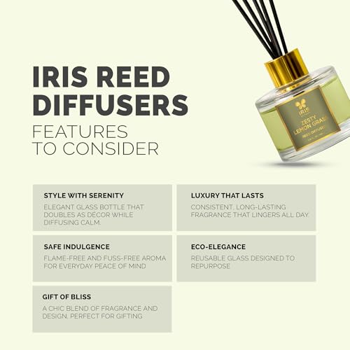 Image of IRIS Aroma Reed Diffuser - 100ml | Elegant Home Fragrance with 6 Fiber Reeds, Glass Round Bottle with Gold Cap | Aroma Diffuser for Cozy Decor & Gifting (Zesty Lemongrass)