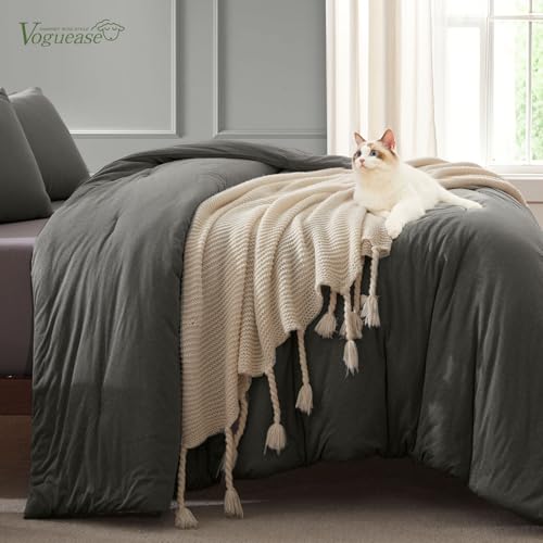 Image of Full Size Comforter Set, Comforters Full Size Luxury Ultra-Soft Jersey Knit Bedding Set, Dark Grey Lightweight Down Alternative Bed Comforter for All Season, 3 Piece Bedding Set