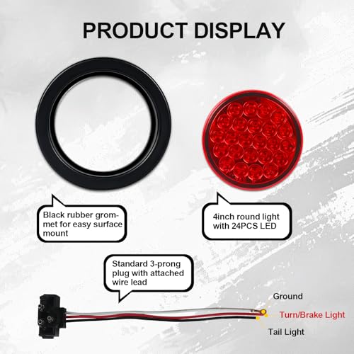 Image of 4 Pcs 4 inch Round Red LED Trailer Tail Light, 4 Inch Round Led Stop Turn Tail Lights Brake Trailer Lights for RV Trucks, Rubber Grommets and 3-Prong Wire Pigtails Included [DOT Certified]