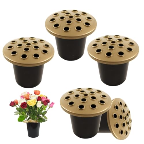 Grave Flower Holders with Golden lid pack of 5, Memorial Vases for Graves Strong Plastic Grave Flower Pots Insert in Grave-side, Grave Vase for Grave Decorations