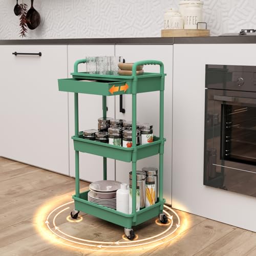 Image of REBECAT 3 Tier Rolling Utility Cart with Drawer,Rolling Storage Cart,Storage Cart for Kitchen,Bathroom,Living Room, Organizer with Iron Wheels(Green)