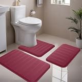 NAKIHOUSE Badematte Set 3-teilig aus Memory Foam, rutschfest & Saugfähig, Waschbar, Weich & Schnell Trocknend, Badezimmerteppich für Dusche, WC & Badewanne,Weinrot
