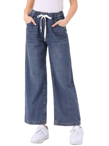 Allegra K Casual Denim Pants for Women's Baggy 2025 Trendy Elastic Waist Wide Legs Drawstring Jeans Medium Grey Blue