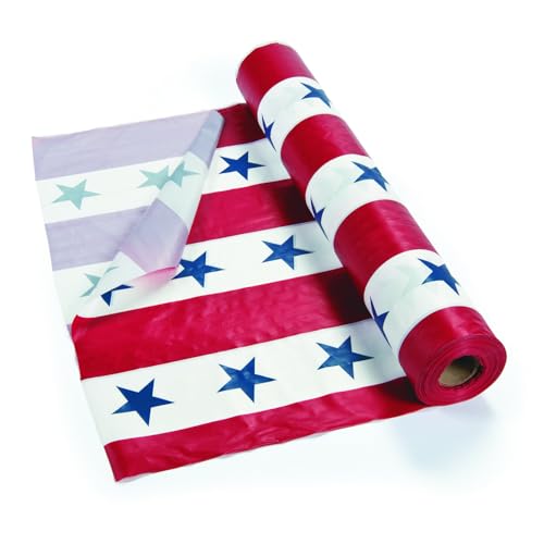Image of Fun Express Patriotic Red Plastic 100ft Tablecloth Roll - Disposable, Quick Cleanup - Rectangular, All-Season, 40x1200in, 2.45lbs | 100 ft, Disposable, USA American Flag Stars and Stripes Theme, Perfect for 4th of July, Memorial Day, BBQ Cookouts