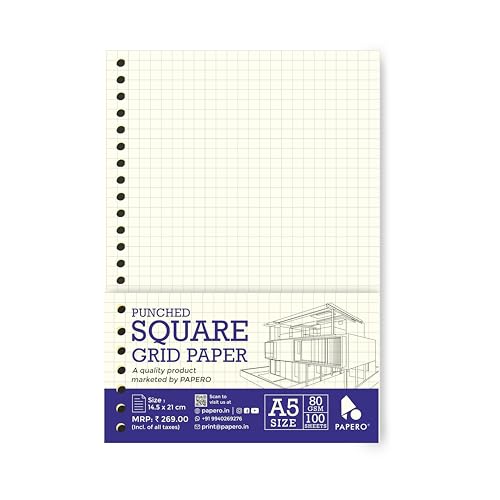 Image of PaperO A5 Punched Loose Leaf Square Grid Sheet /Grid Paper | 80 GSM | 100 Sheets | A5 (21 x 14.5 cm) | Ideal for Artists & Designers | Suitable for Spiral Binding