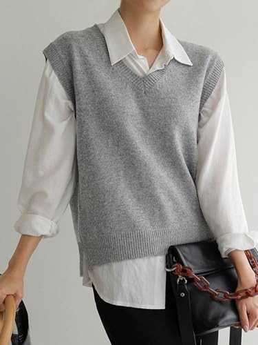 Image of Wowcarbazole Womens V Neck Sweater Vest Casual Ribbed Knitted Sleeveless Trendy Pullover Tank Tops Fall