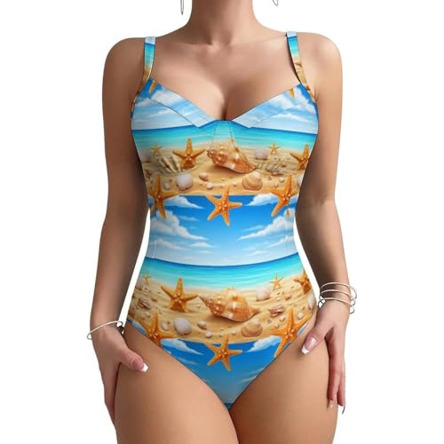 Criss Cross Back One Piece Swimsuit, Turquoise Ocean Sea Beach Gold Sand Sunshine Starfish Conch Seashell, Flattering V Neck & Tummy Control, Adjustable Straps for All-Day Comfort