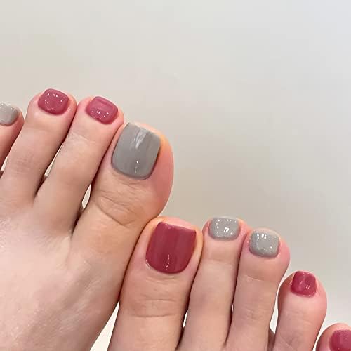 Solid Color Press On Toe Nails Pink and Gray Square Fake Toenails Glossy Acrylic Short False Toe Nail for Women Full Cover Foot Nails Design Toenail Tips 24Pcs