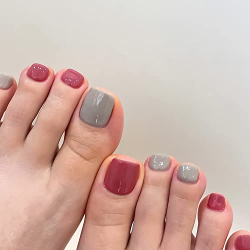 Solid Color Press On Toe Nails Pink And Gray Square Fake Toenails Glossy Acrylic Short False Toe Nail For Women Full Cover Foot Nails Design Toenail Tips 24Pcs #TOP3
