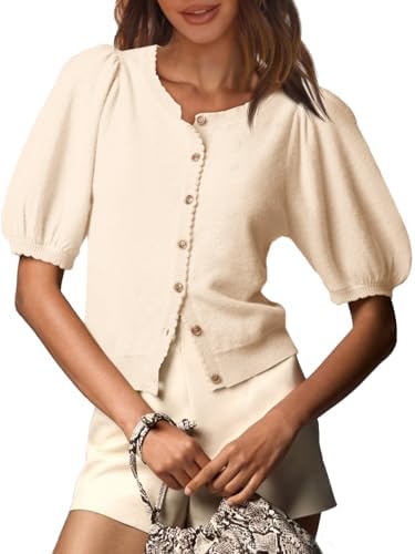 Saodimallsu Womens Puff Short Sleeve Cardigan Lightweight Summer Button Down Shirts Knit Crew Neck Sweater Tops